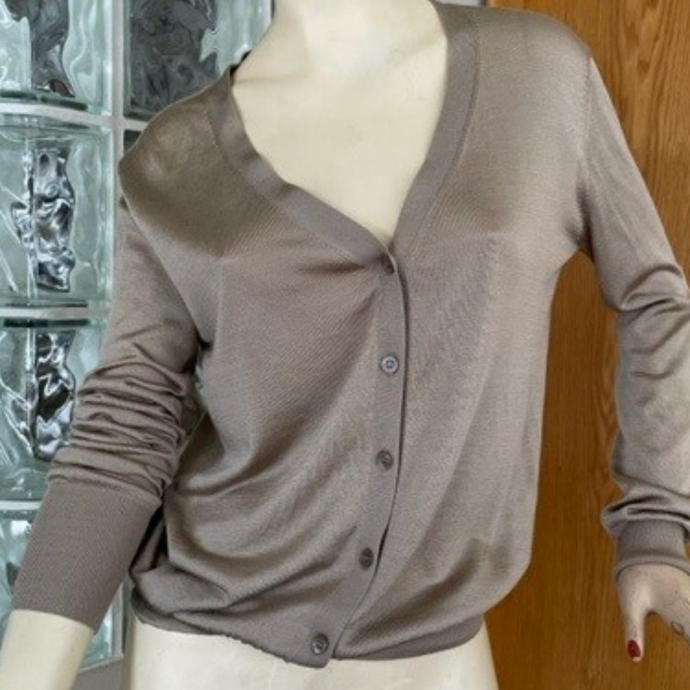 LIGHTWEIGHT TAUPE CARDIGAN with SHEEN by Stunning Lure of Japan, Size Medium